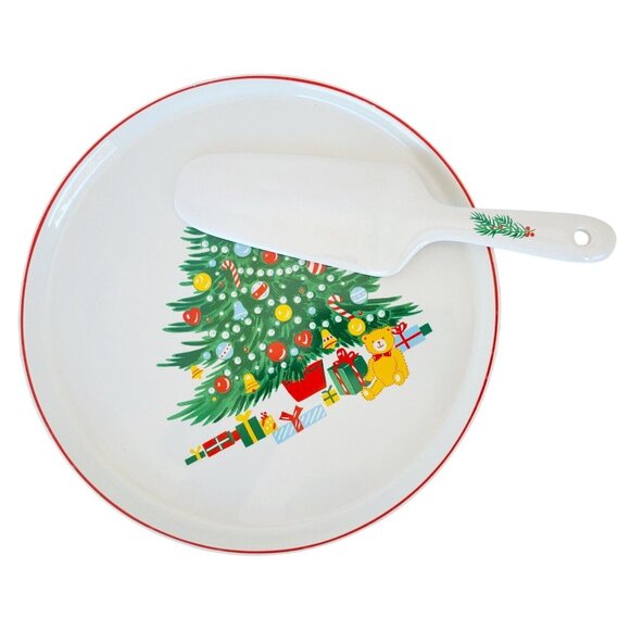 VtgChristmas Tree Cake Plate & Serving Spatula Matching Set Holiday Party Serve - Picture 2 of 7